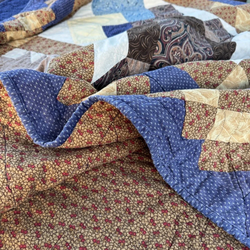 Vintage Patchwork Sampler Quilt Blanket Blue Brown Cotton Star Paisley Americana